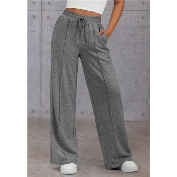 Womens Wide Leg Sweatpants High Waisted Grey2 - Picture 3 of 6